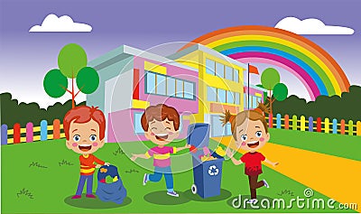 cheerful Children Collecting Garbage Ä°n The Schoolyard. (Recycle Stock Photo